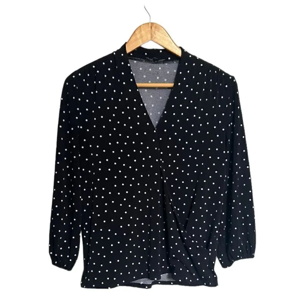 Adrianna Papell Polka Dot Drape Front Blouse Size Small